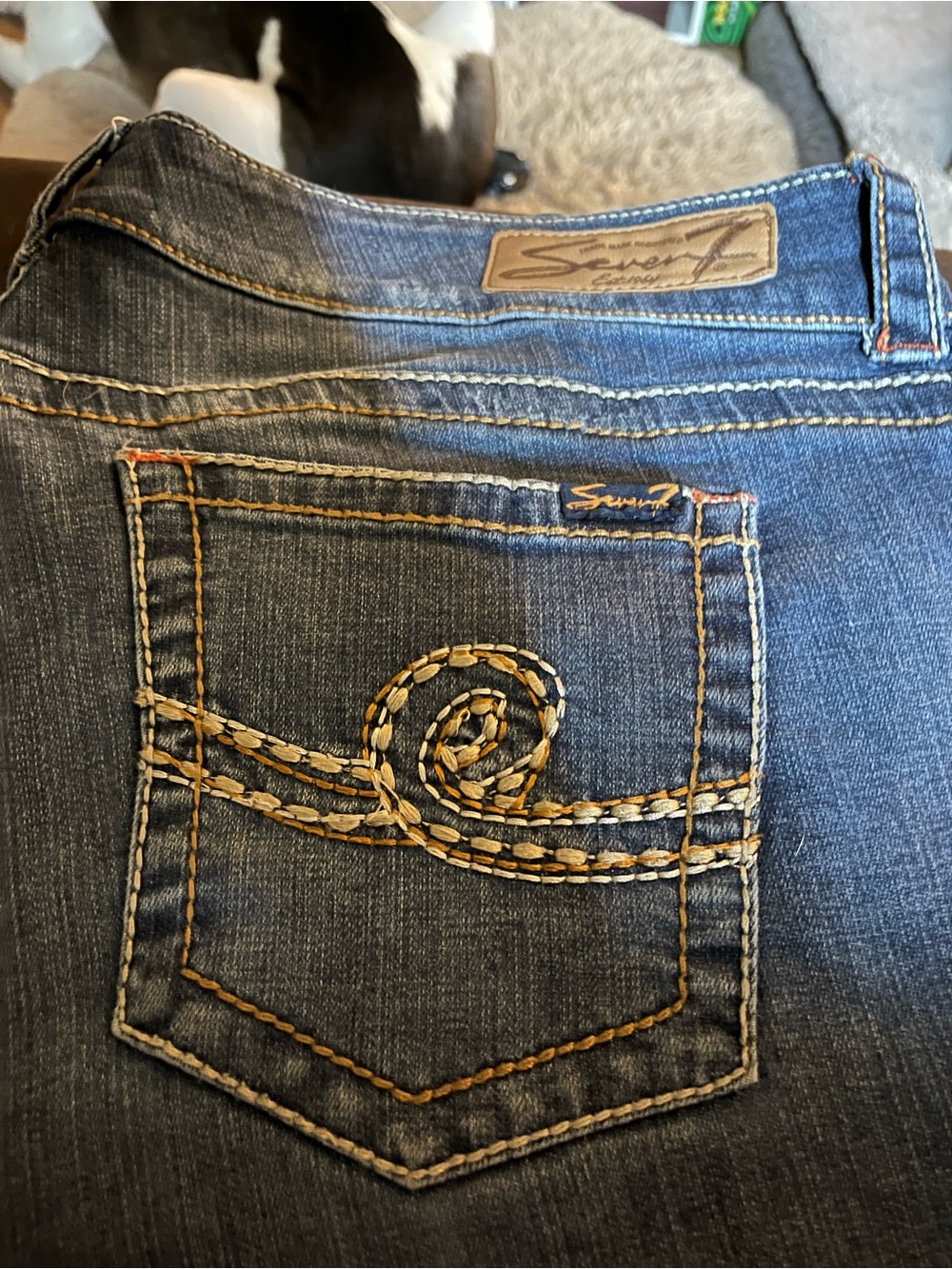 Seven7 Women's Dark Blue Skinny Jeans with Tan Stitch Embroidery